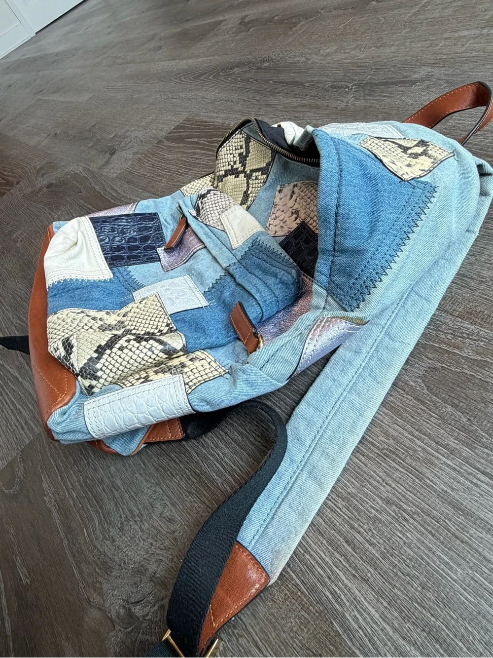 Marc Jacobs Patchwork Denim & Snake Print Backpack with Brown Leather Trim - Picture 3 of 10